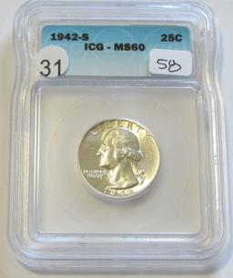 1942-S QUARTER ICG MS 60