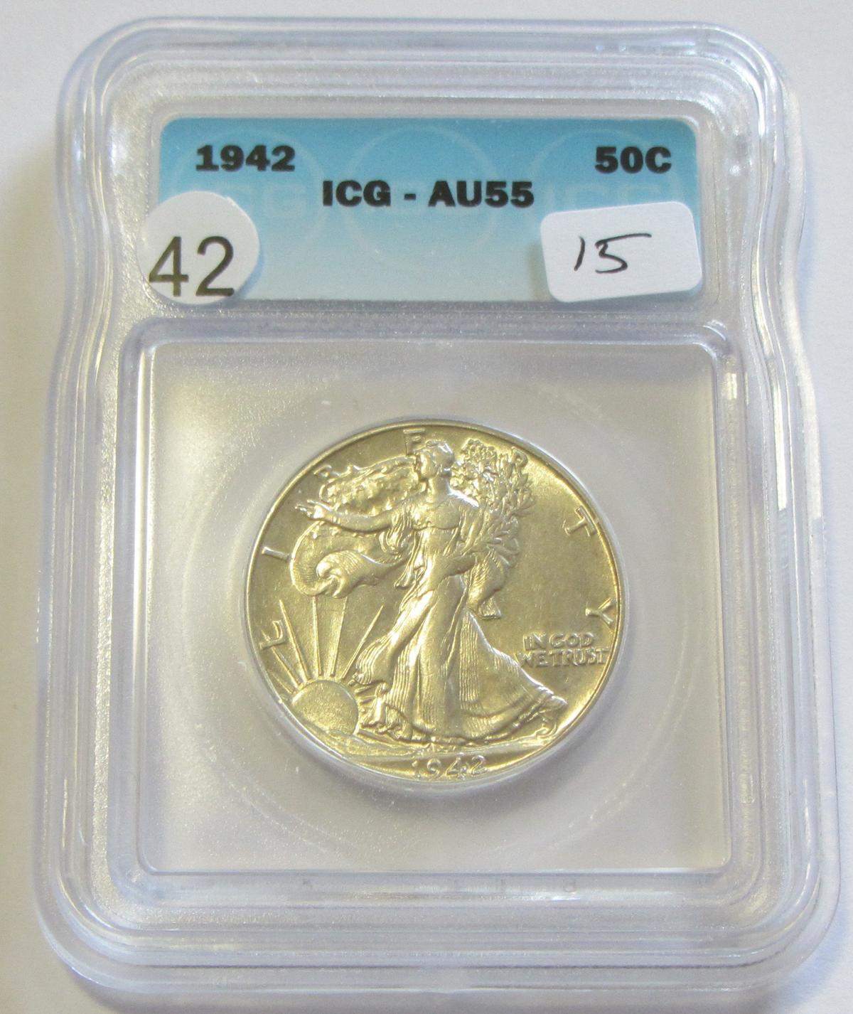 1942 WALKING LIBERTY HALF ICG AU 55