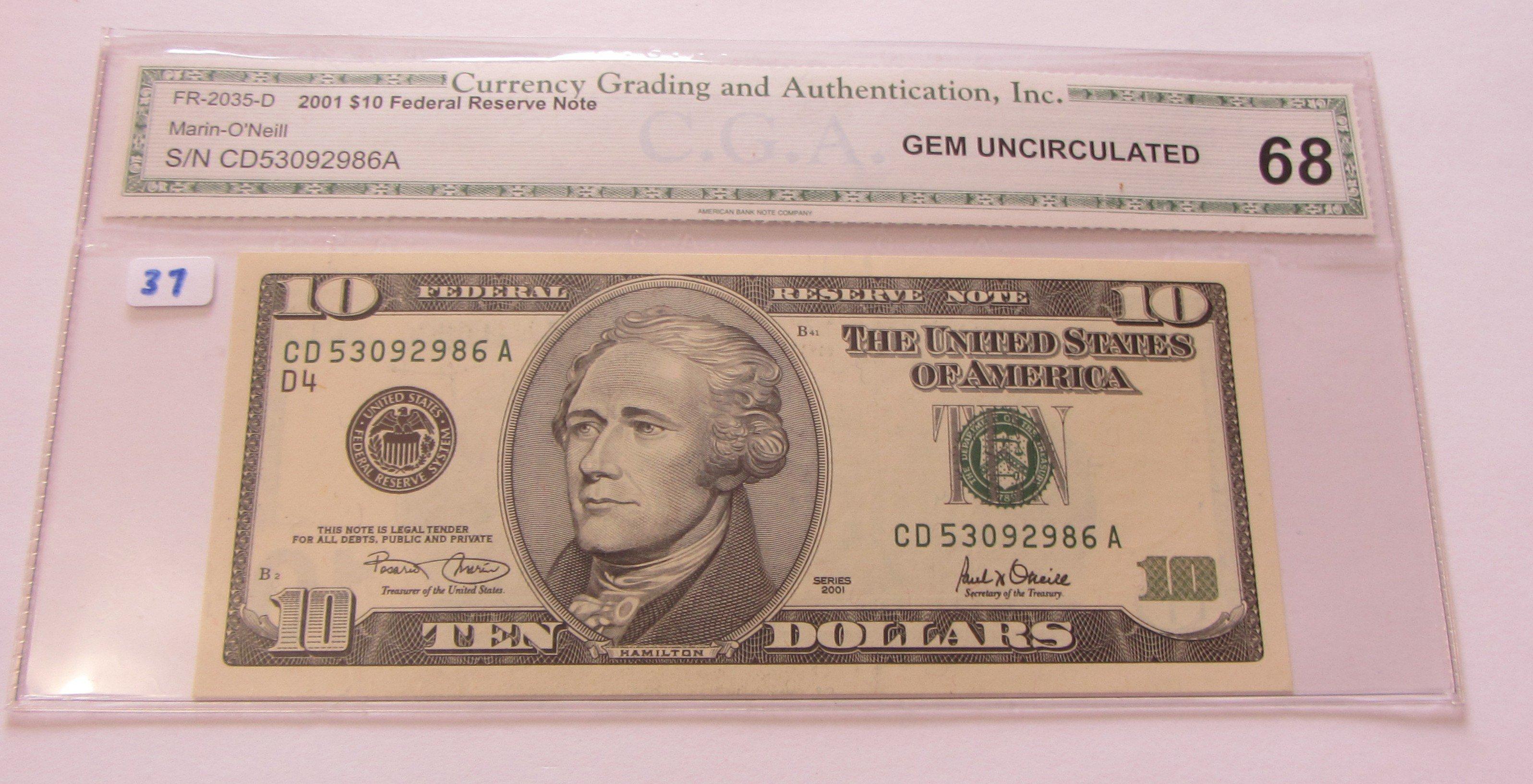 $10 2001 FRN ULTRA SUPERB GEM CGA 68