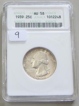 1939 SILVER QUARTER ANACS AU 58