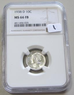 1938-D GEM MERCURY DIME NGC 66 FB FULL BANDS