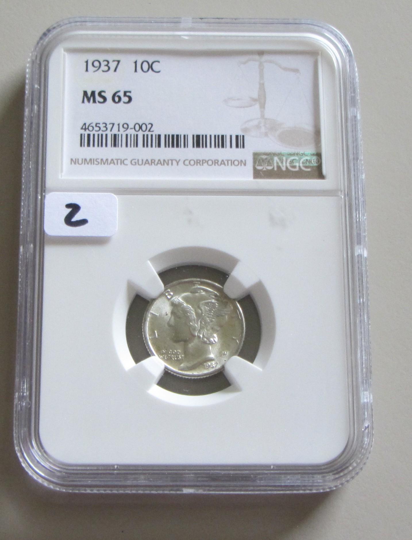 1937 MERCURY DIME GEM NGC MS 65