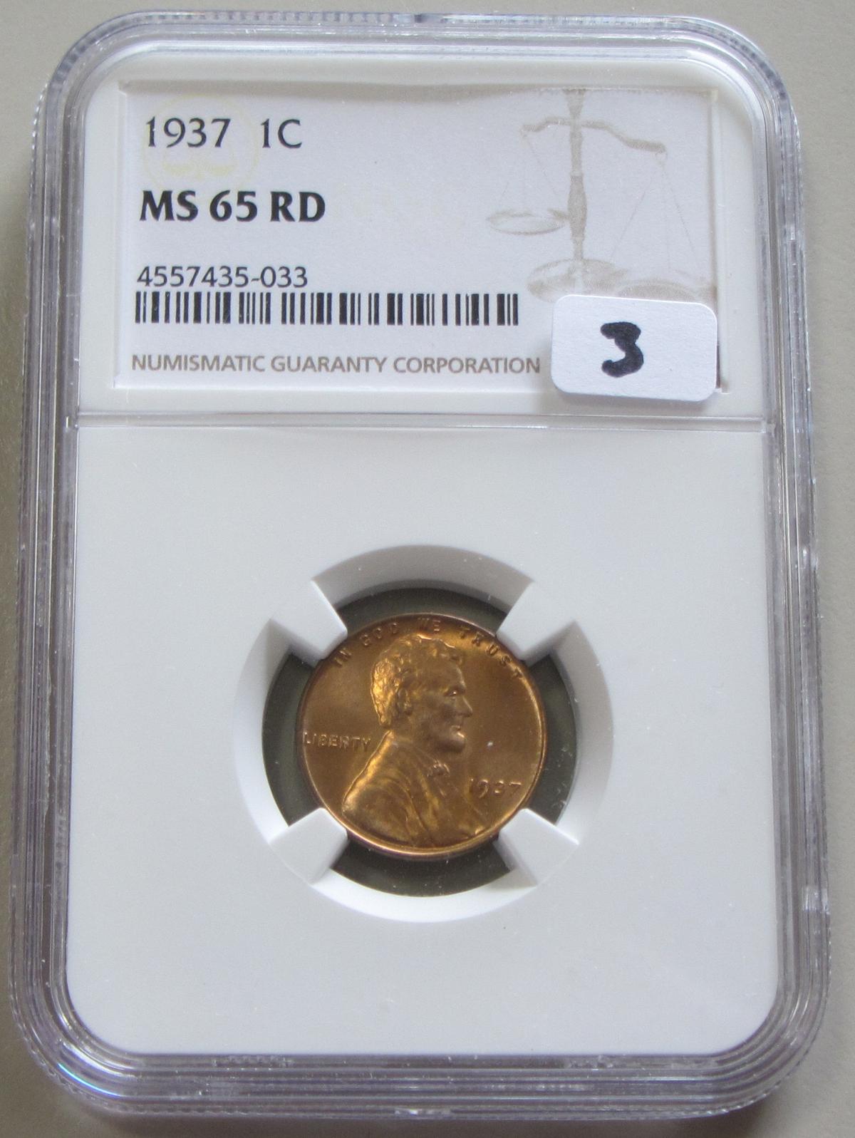 1937 RED WEHAT CENT NGC MS 65 GEM