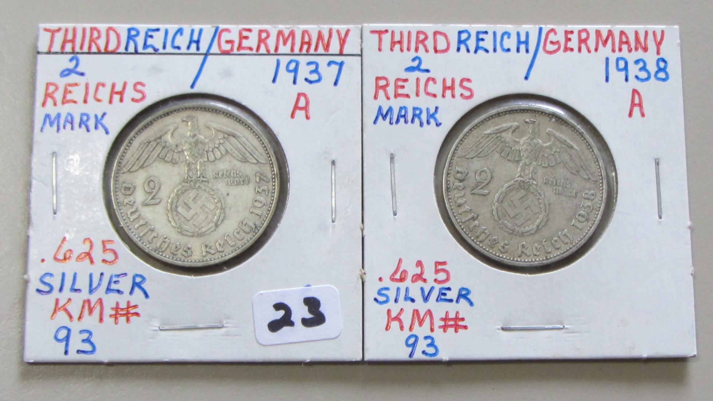 1937A 1938A GERMANY SILVER 2 MARK COINS