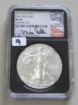 2017 $1 SILVER EAGLE AUTOGRAPHED MIKE CASTLE NGC MS 70 PERFECT