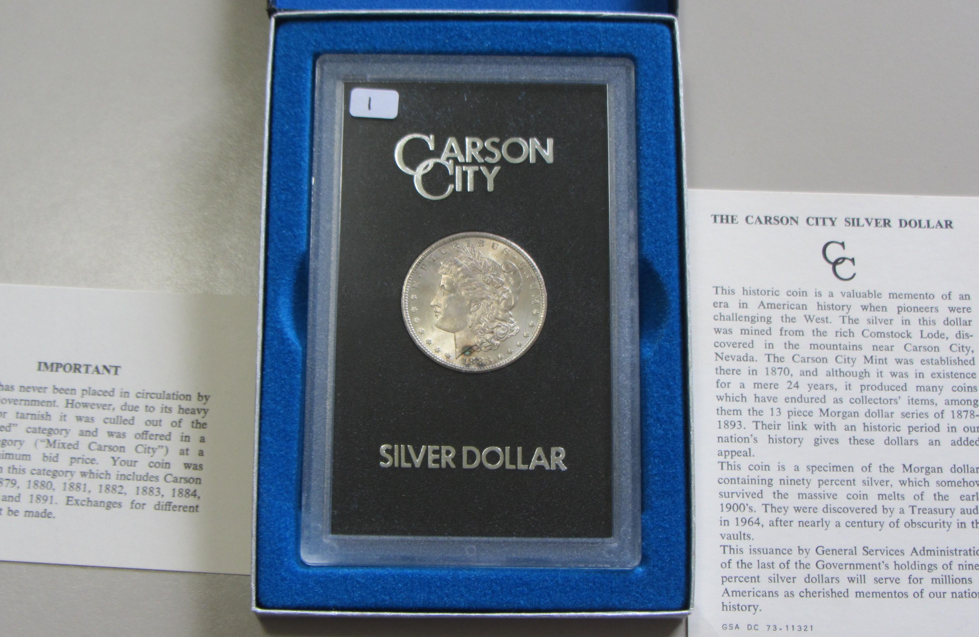 $1 1883-CC CARSON CITY GSA MORGAN WITH BOX AND PAPER