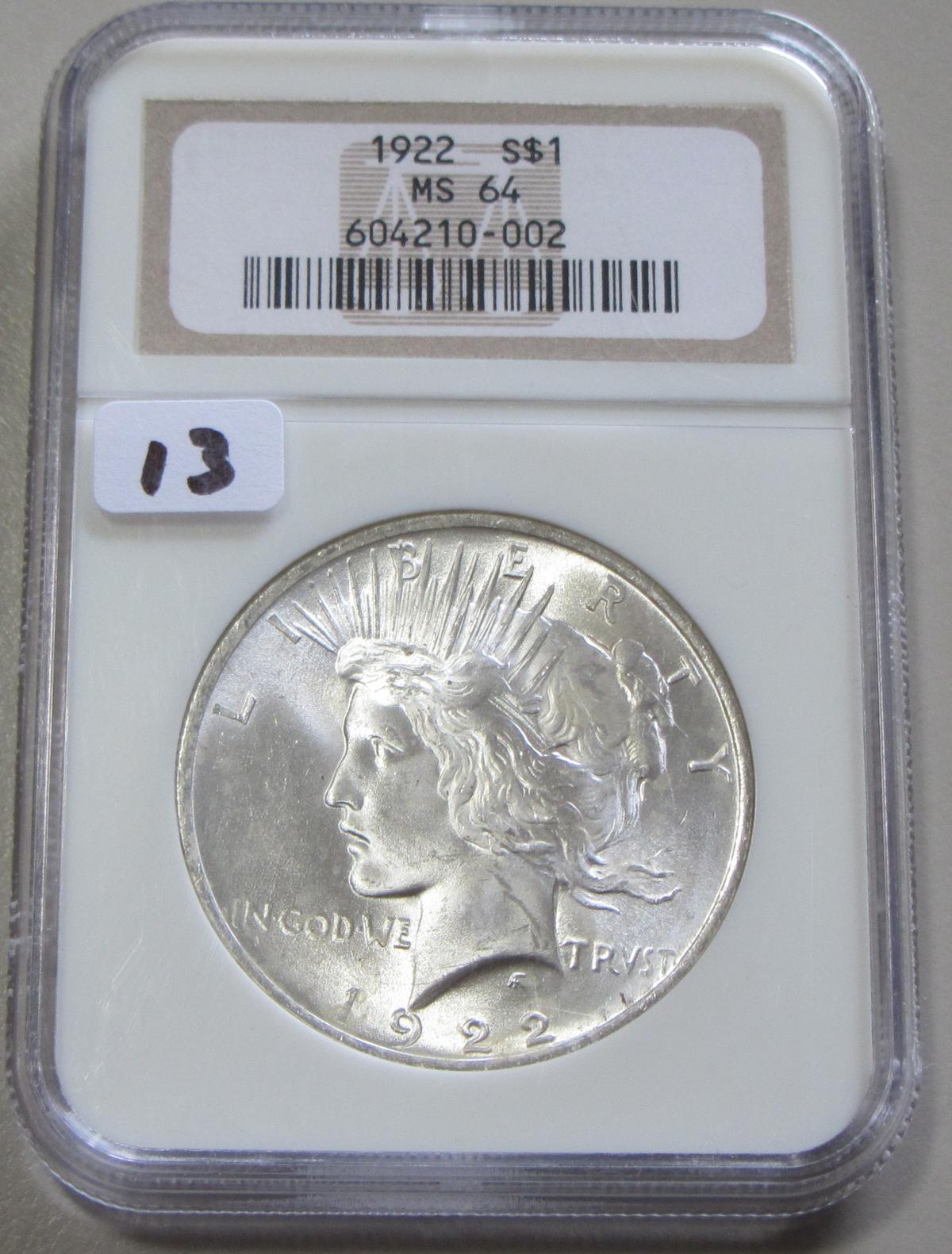 $1 1922 PEACE SILVER DOLLAR NGC MS 64