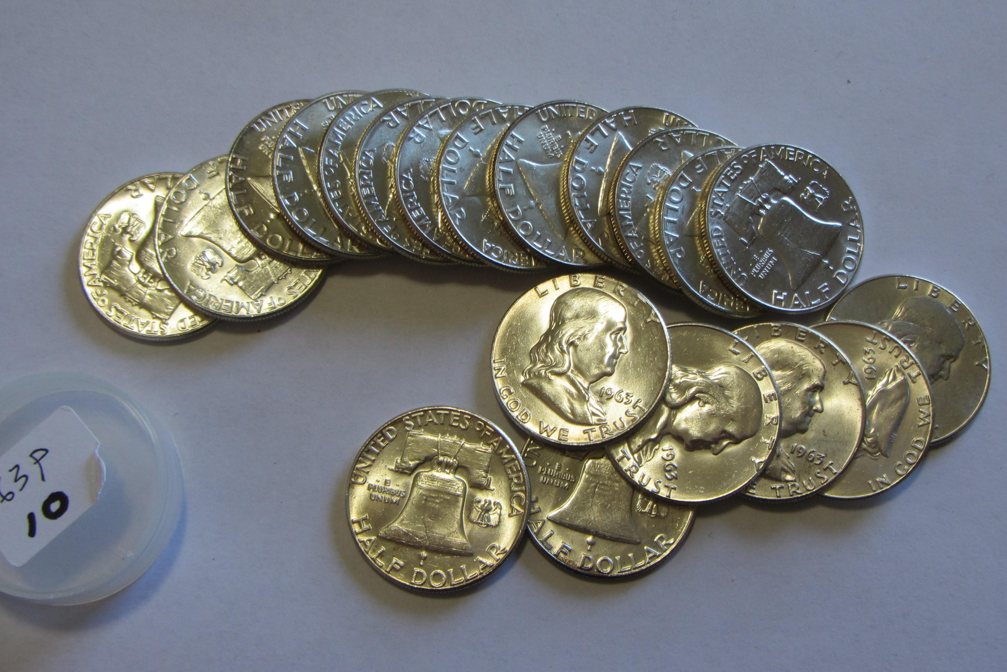 BRILLIANT UNCIRCULATED 20 COINS 1963-P ROLL OF FRANKLIN HALF DOLLARS THERE