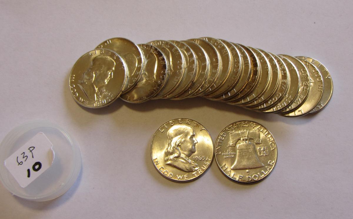 BRILLIANT UNCIRCULATED 20 COINS 1963-P ROLL OF FRANKLIN HALF DOLLARS THERE