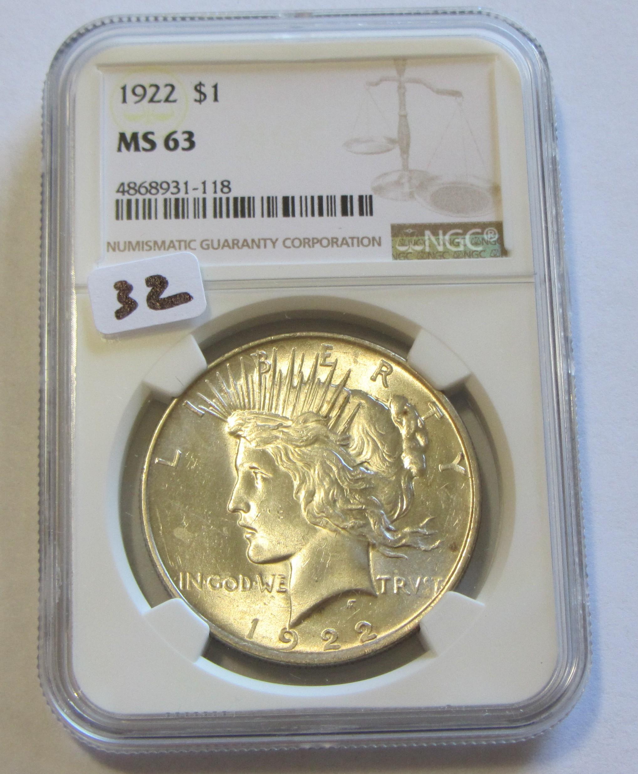 $1 1922 PEACE NGC MS 63