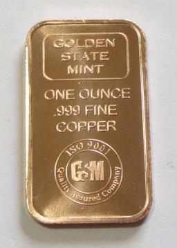 1 OUNCE PURE COPPER BAR .999 FINE