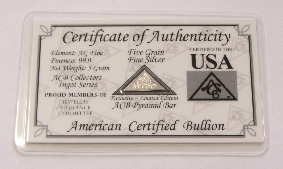 PYRAMID PURE SILVER BAR .999 5 GRAIN