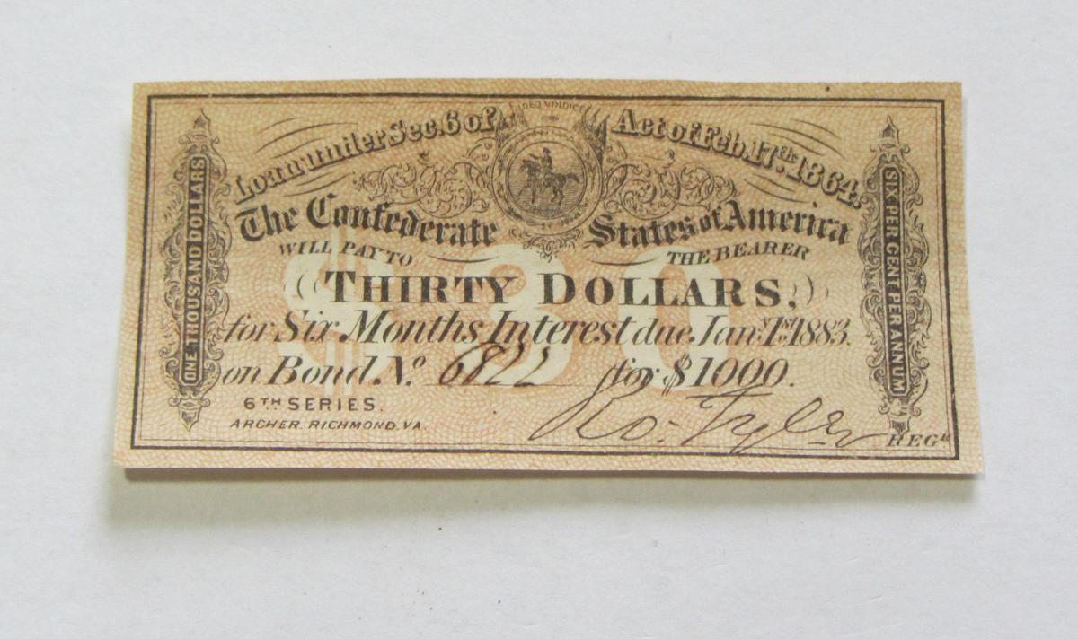 $30 CIVIL WAR BOND COUPON 1864