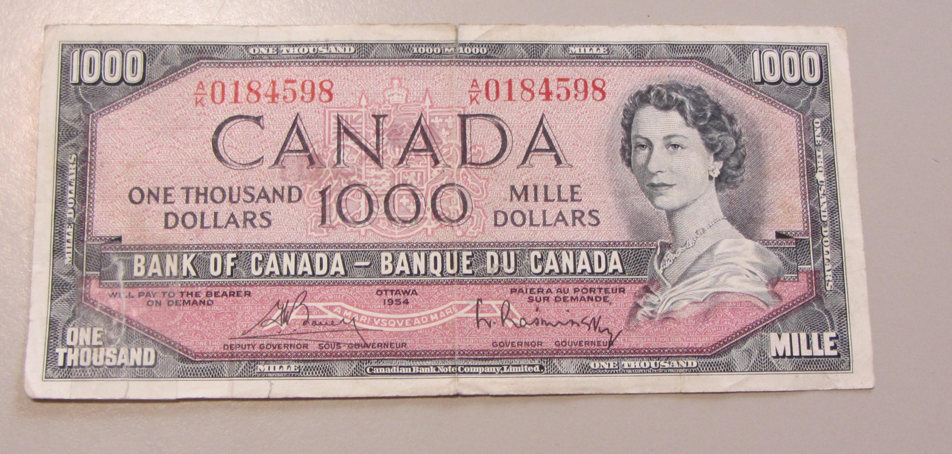 HIGH DENOMINATION $1,000 BILL BANK OF CANADA 1954 SERIES TAPE OVER TEAR