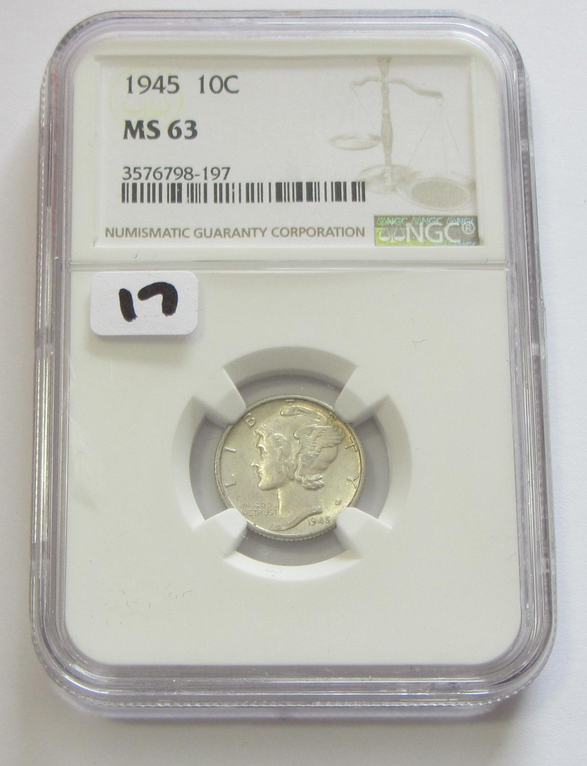 1945 MERCURY DIME NGC 63