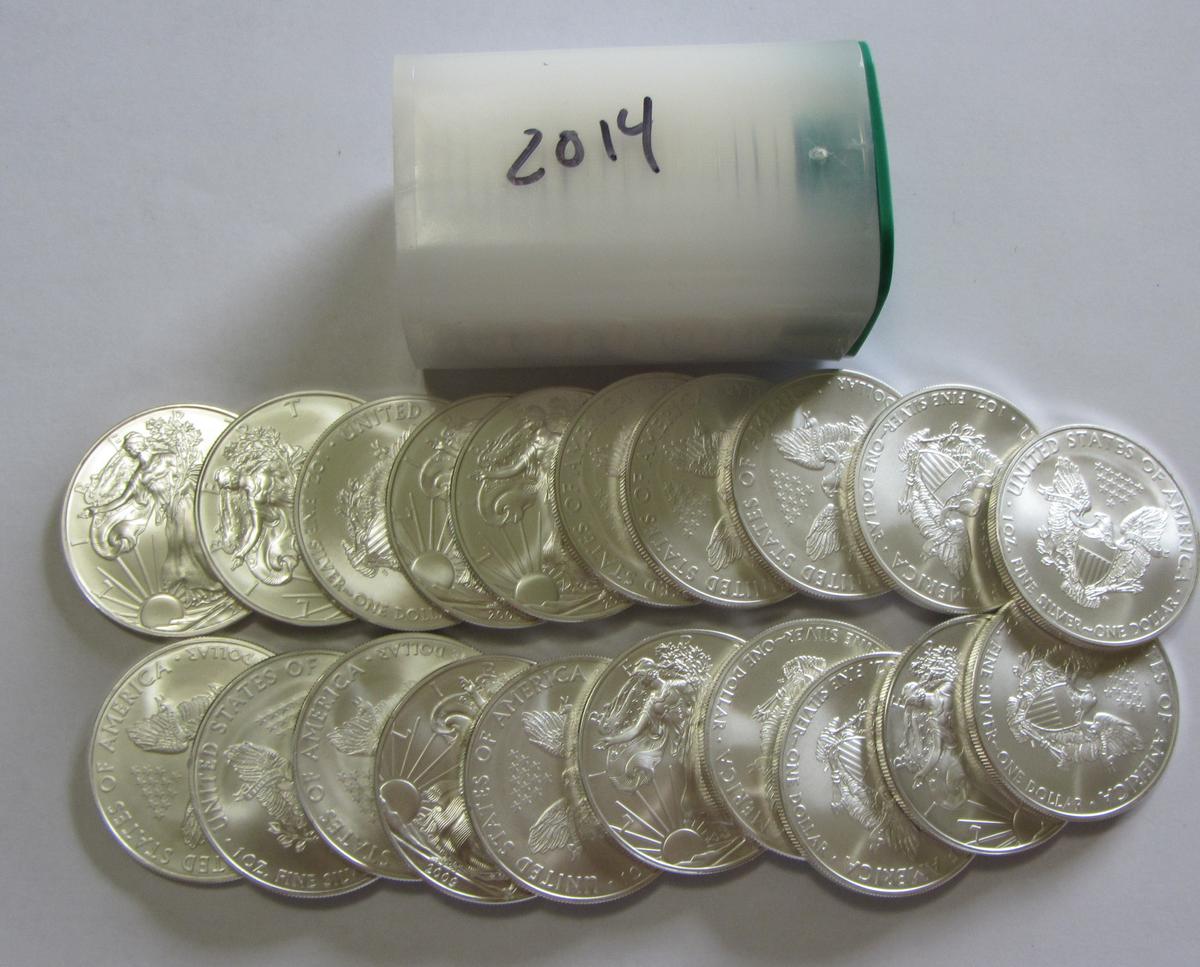 2014 BU FULL ROLL OF 20 SILVER AMERICAN EAGLES 20 OUNCES OF SILVER