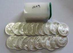 2009 BU FULL ROLL OF 20 SILVER AMERICAN EAGLES 20 OUNCES OF SILVER