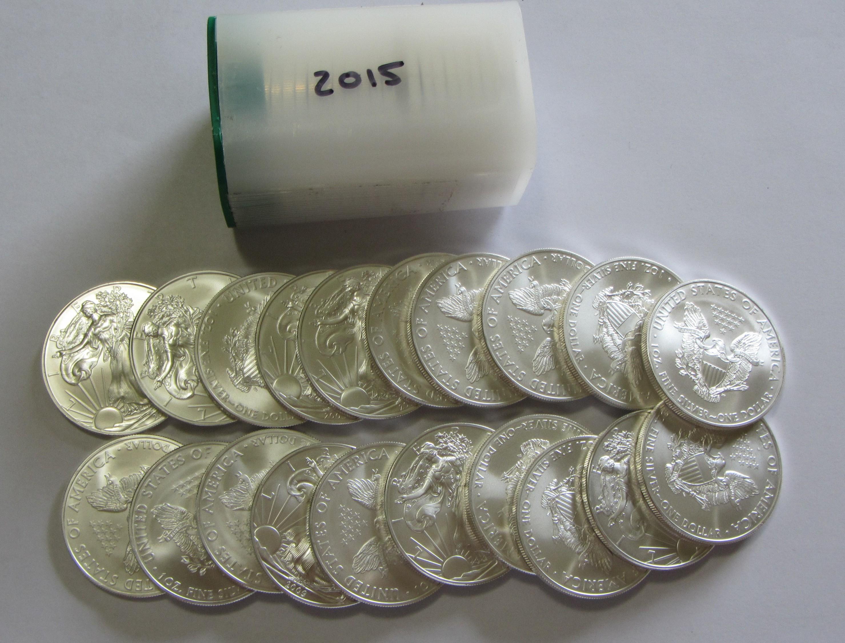 2015 BU FULL ROLL OF 20 SILVER AMERICAN EAGLES 20 OUNCES OF SILVER