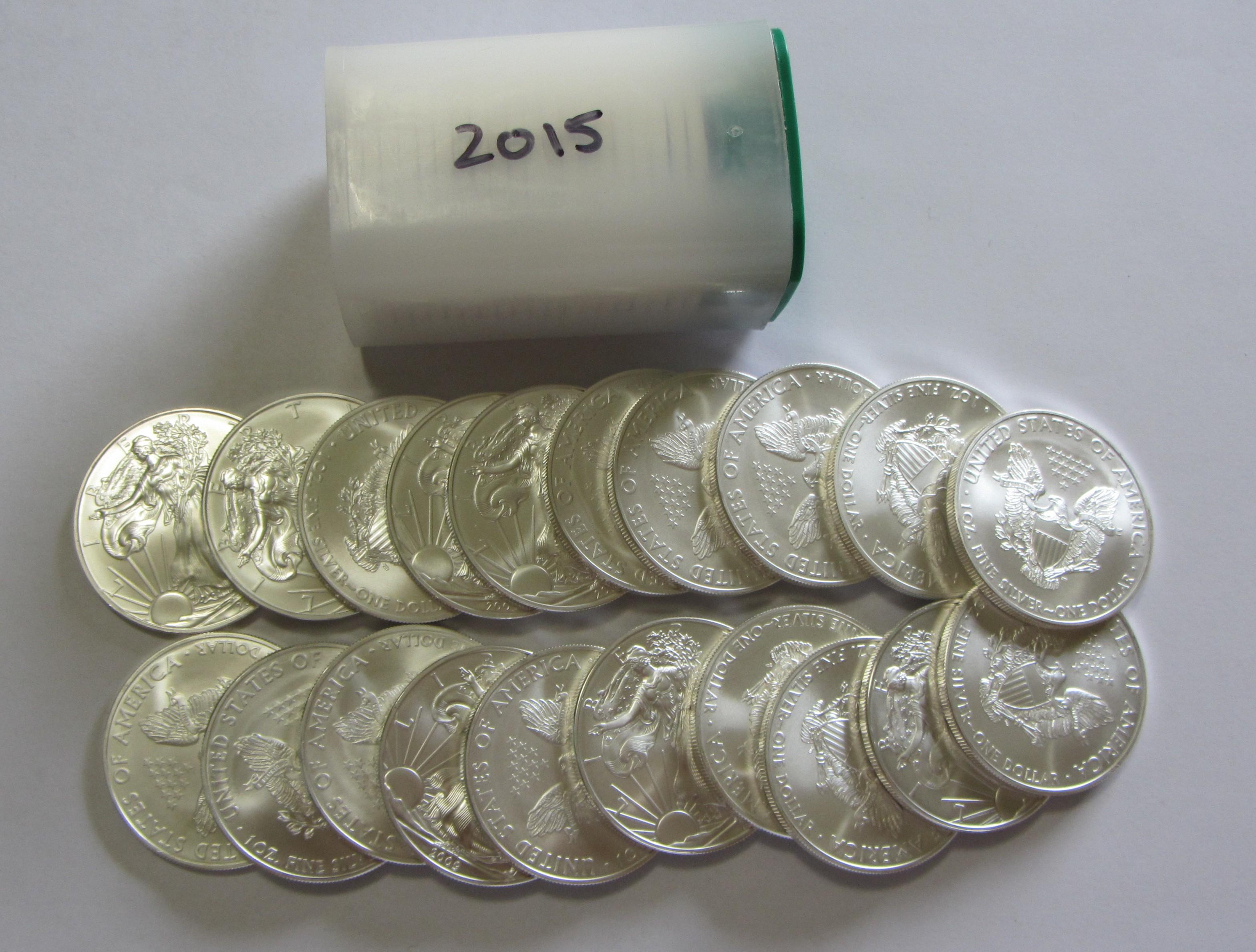 2015 BU FULL ROLL OF 20 SILVER AMERICAN EAGLES 20 OUNCES OF SILVER