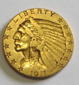 GOLD 1911 $5 INDIAN HEAD HALF EAGLE