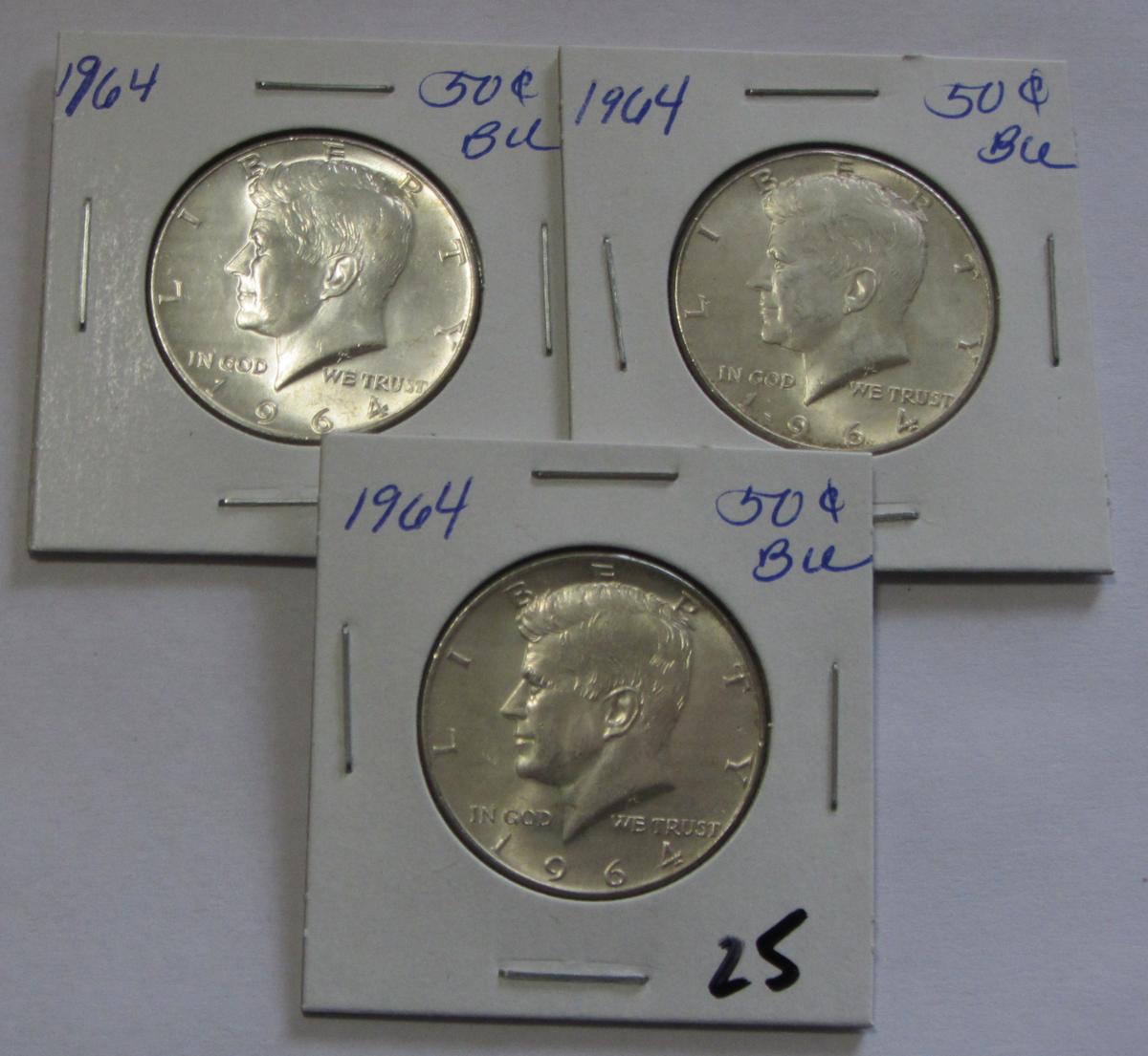 Lot of 3 - 1964 Kennedy Silver Half Dollar BU