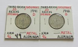 Lot of 2 - 1941D & 1942G Third Reich Germany 50 Reichs Pfenning 