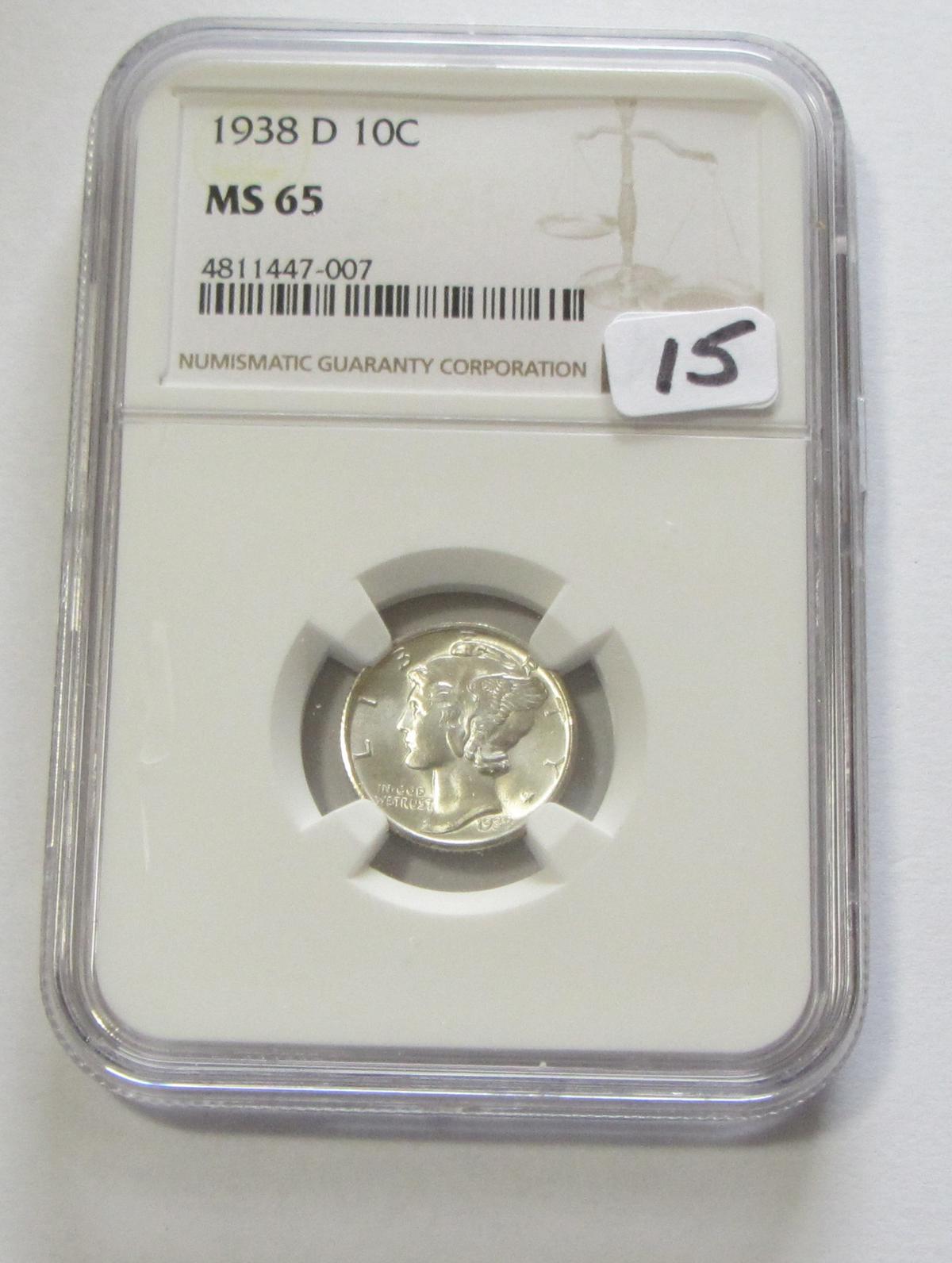 1938-D GEM MERCURY DIME NGC 65