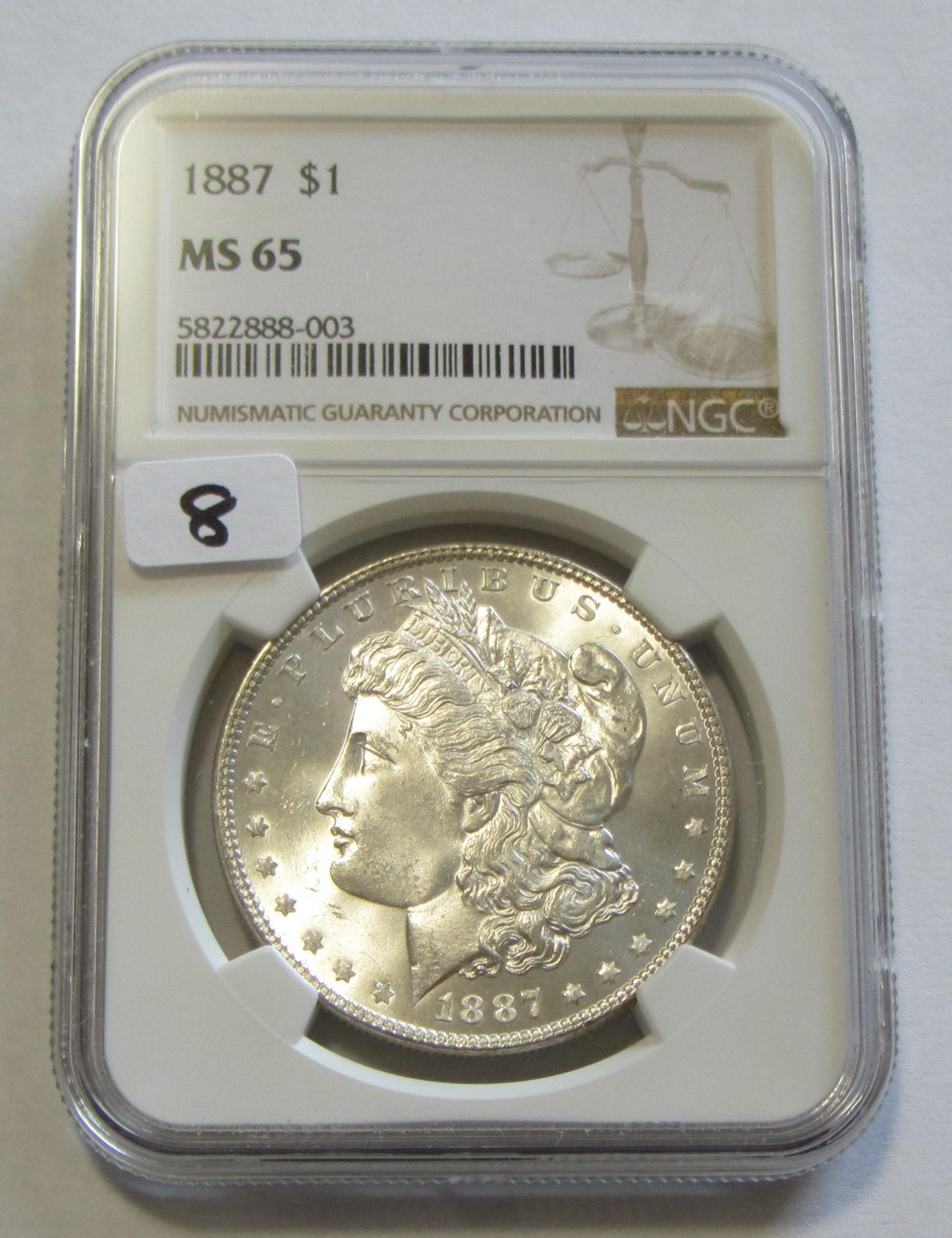 $1 1887 MORGAN NGC GEM MS 65 BLAST WHITE