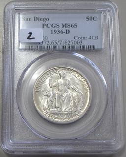 SAN DIEGO SILVER COMMEMORATIVE TOUGHER 1936-D GEM PCGS MS 65 WHITE