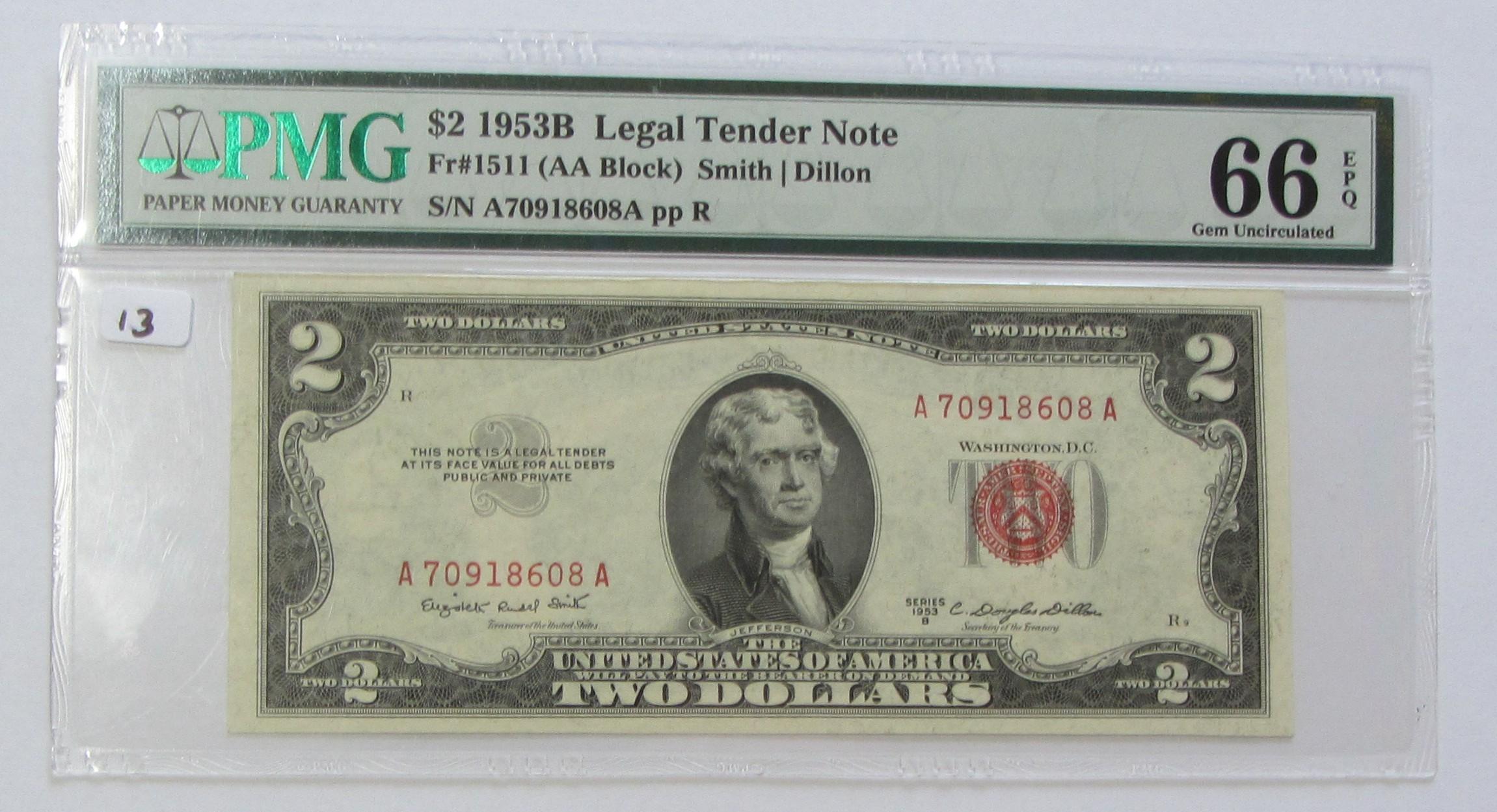 $2 1953-B RED SEAL PMG GEM 66 EPQ