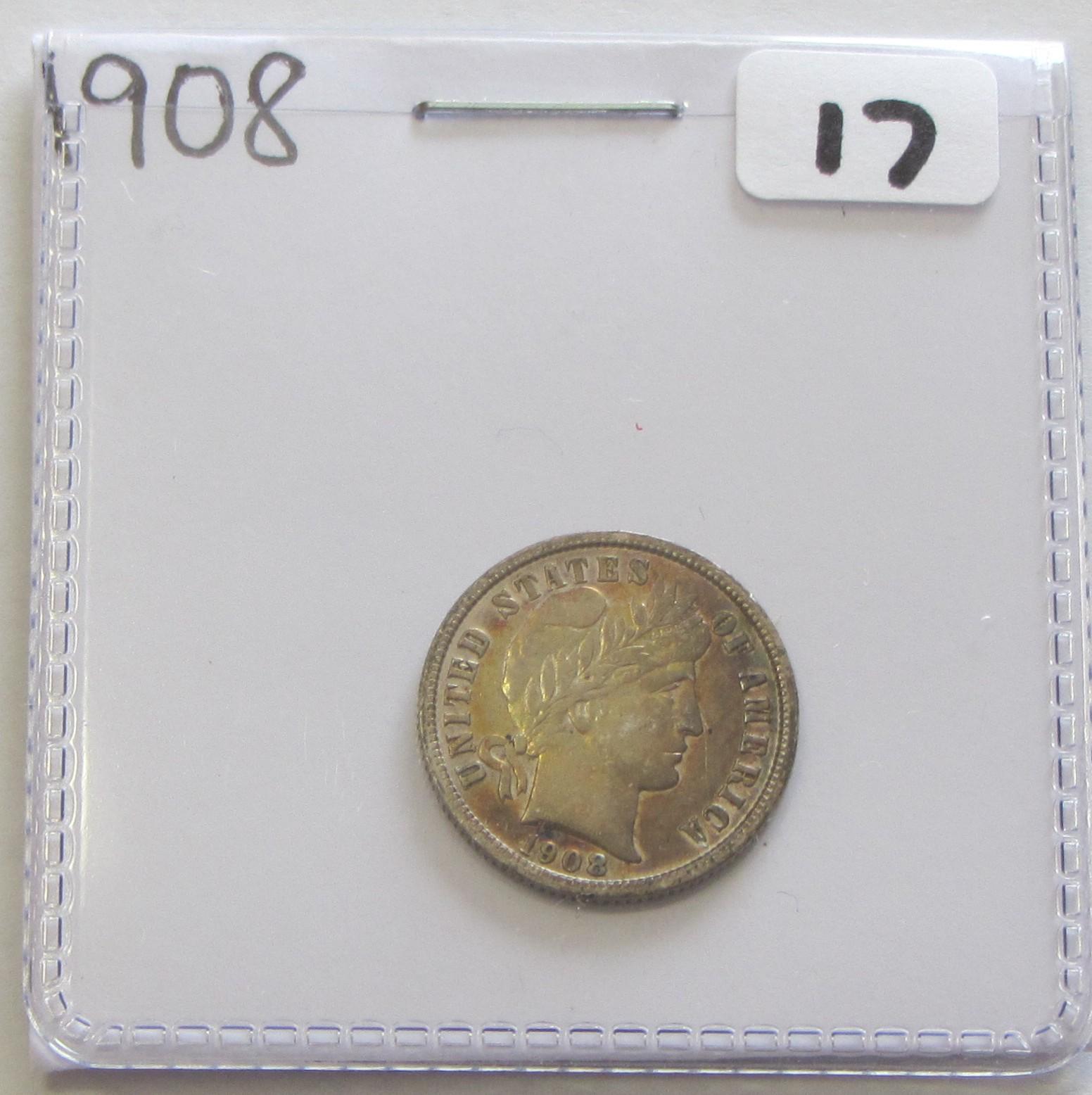 1908 HIGH GRADE BARBER DIME TONED