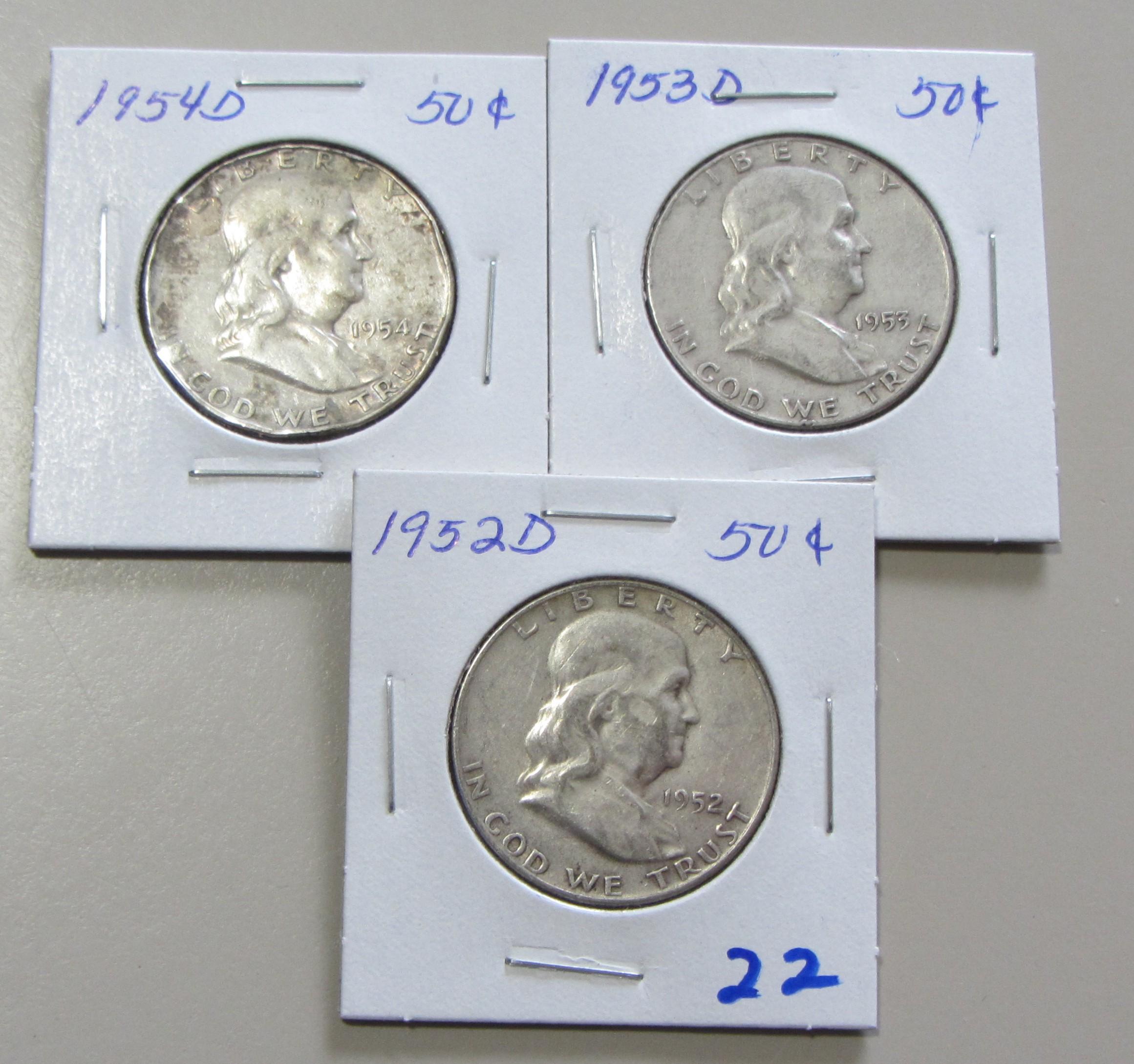 Lot of 3 - 1952-D, 1953-D & 1954-D Franklin Half Dollar