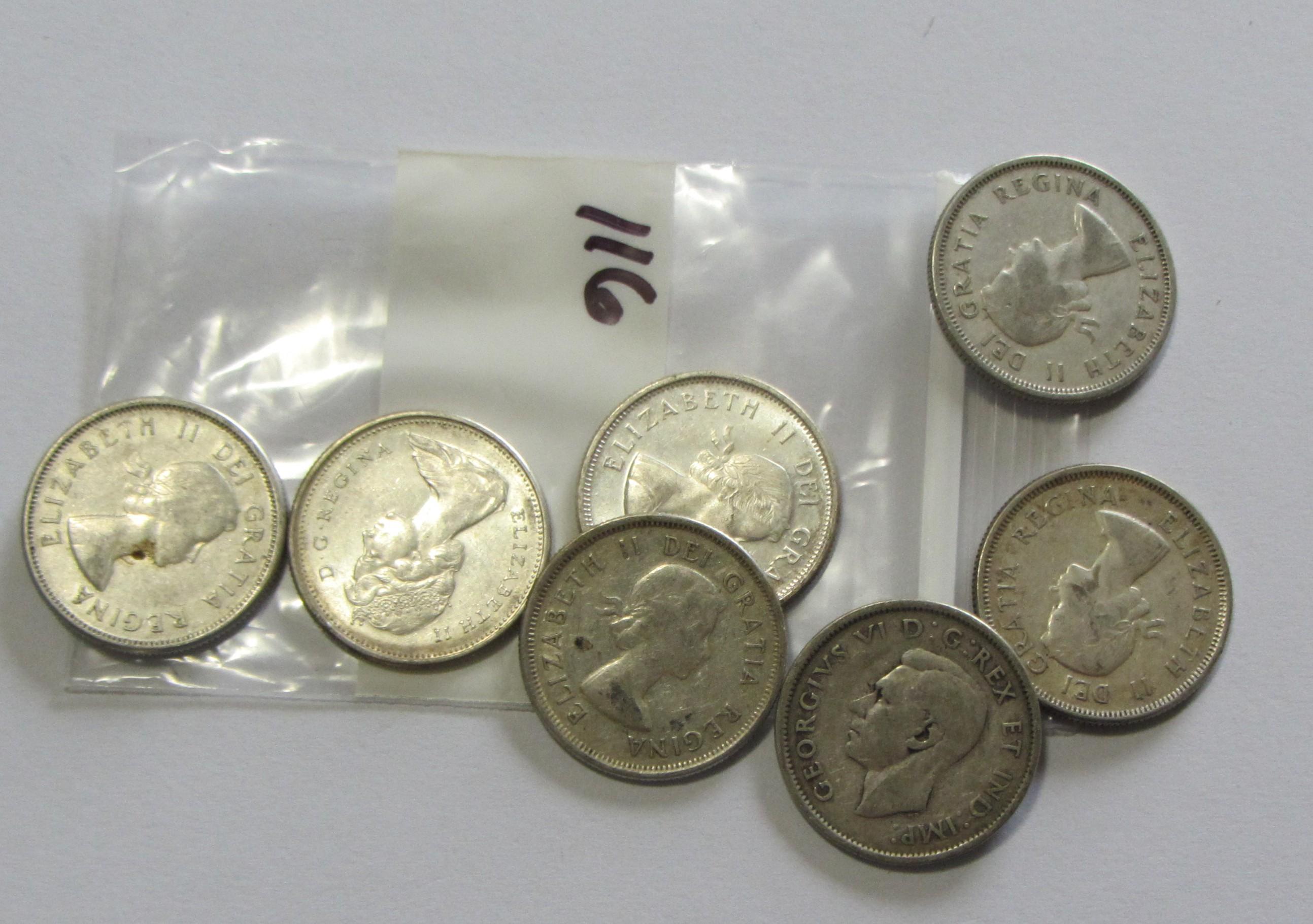 Lot of 7 - 1942, 1959, 1960, 1961, 1963, 1964 & 1965 Canada Silver Quarters