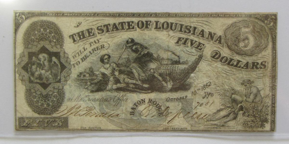 $5 LOUISIANA OBSOLETE CURRENCY 1862