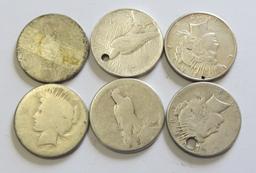 LOT OF 6 LOW END PEACE SILVER DOLLARS
