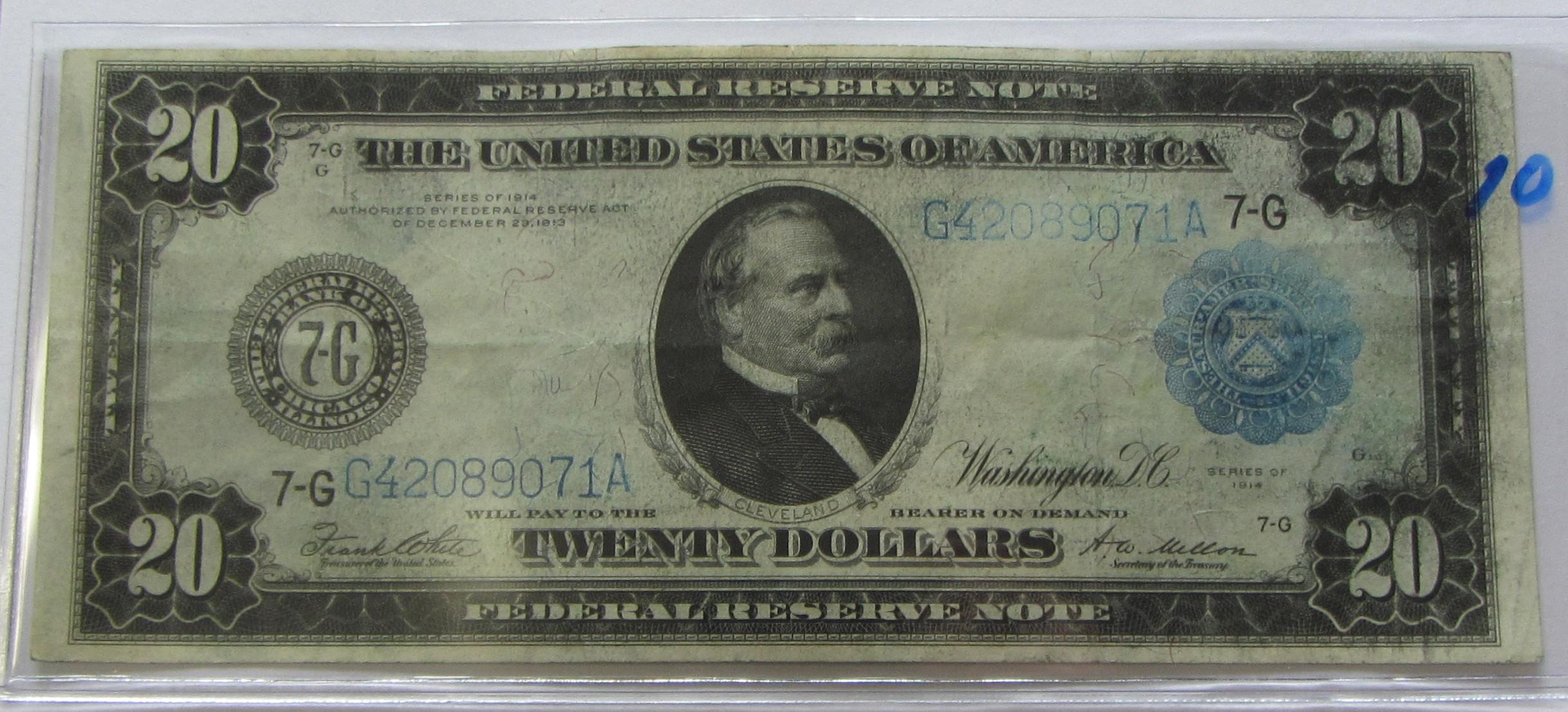 $20 FEDERAL RESERVE NOTE 1914 SOME FADING