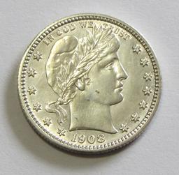 VERY PLEASING 1908-0 UNCIRCULATED BARBER QUARTER