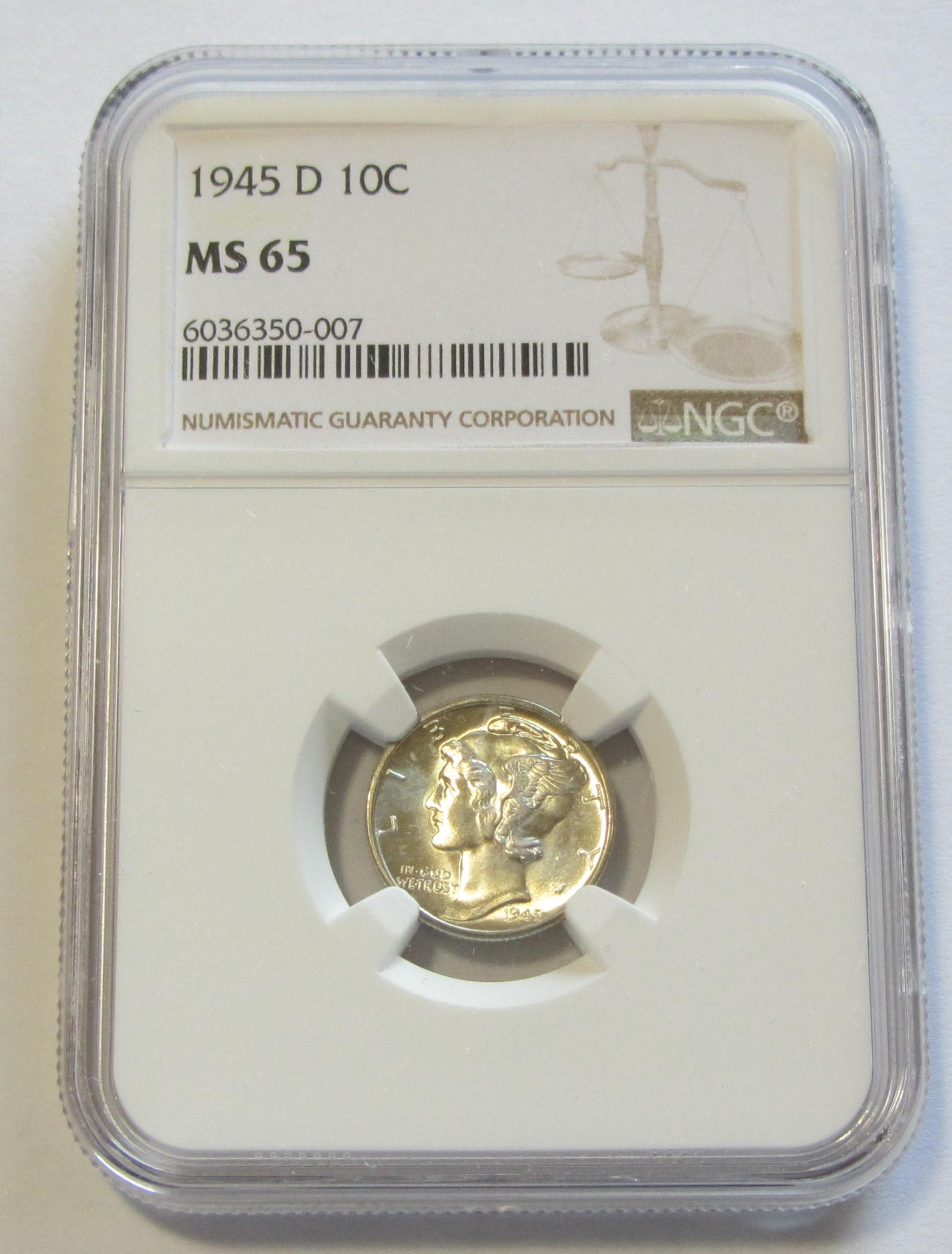 1945-D MERCURY DIME NGC 65