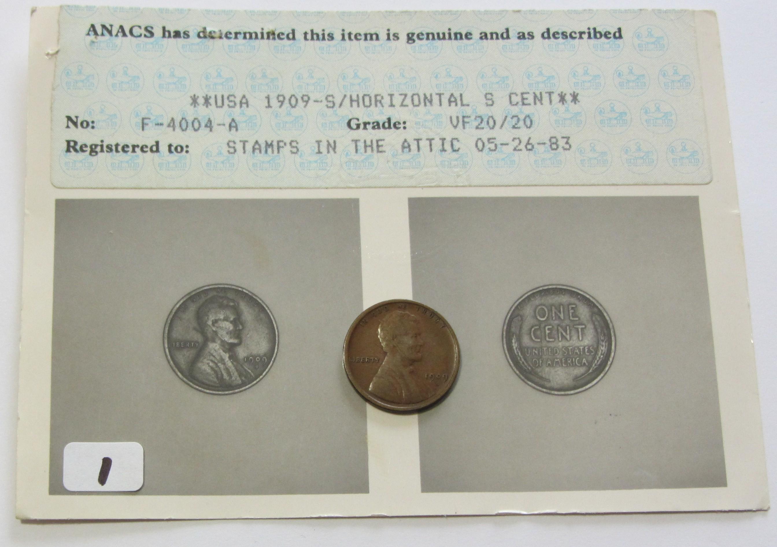 Better date 1909 S horizontal S wheat cent old Anacs grade