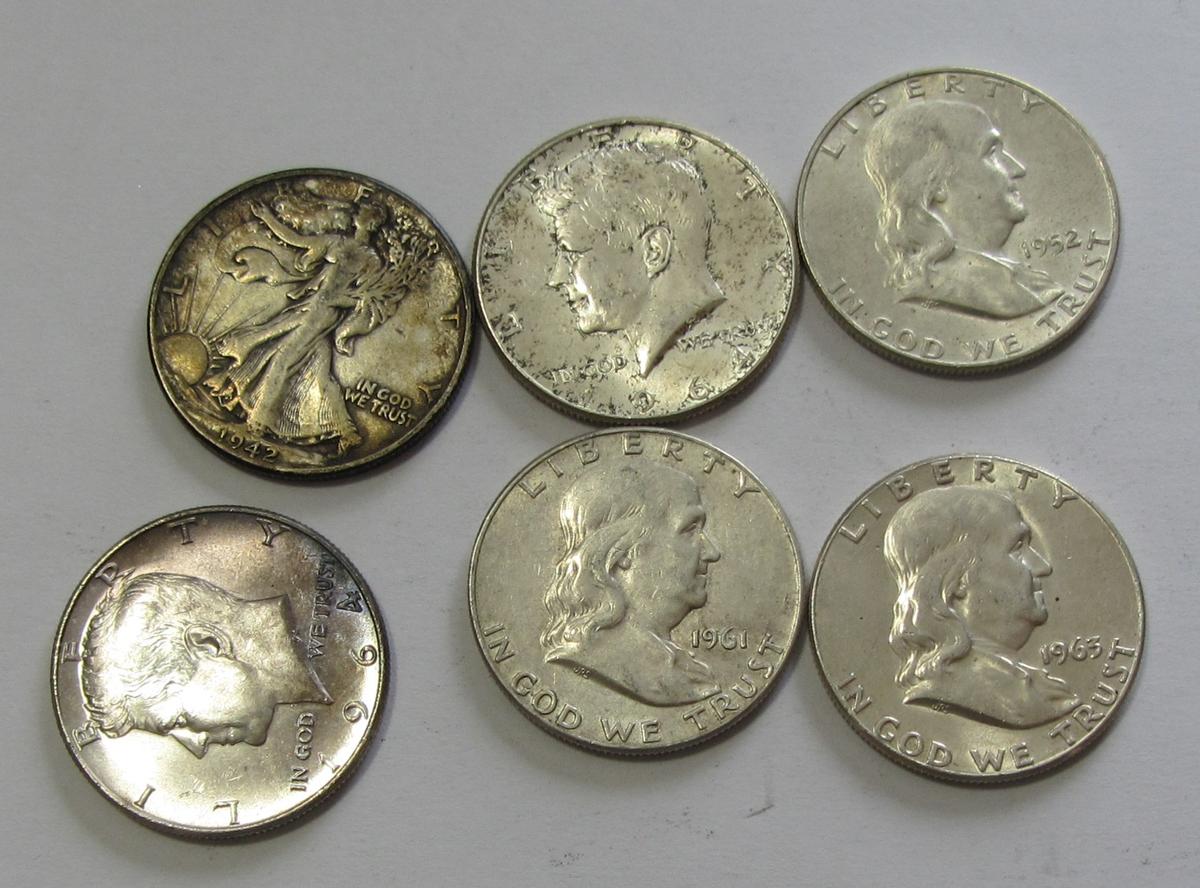 6 SILVER HALF DOLLARS