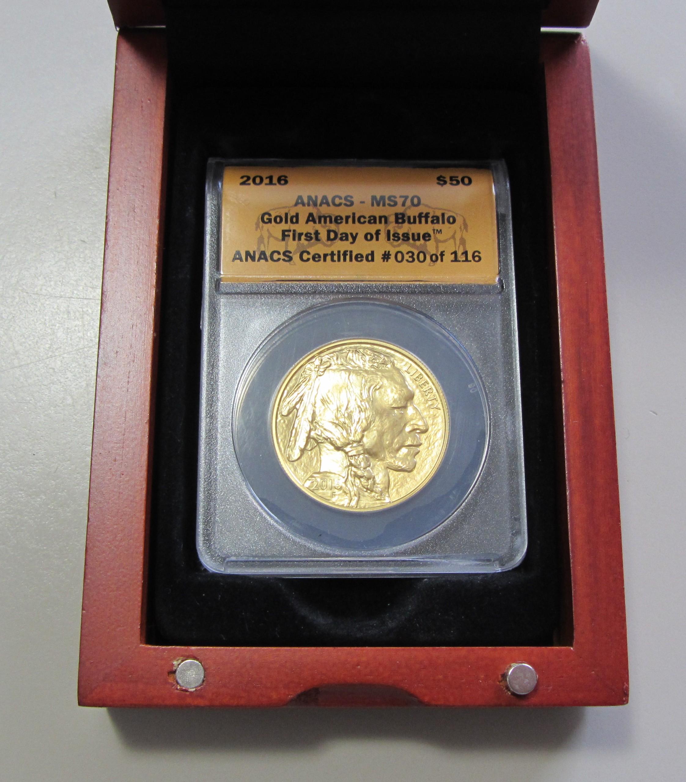 $50 PURE GOLD BUFFALO 1 OUNCE 2016 ANACS MS70 FIRST DAY OF ISSUE WITH WOOD
