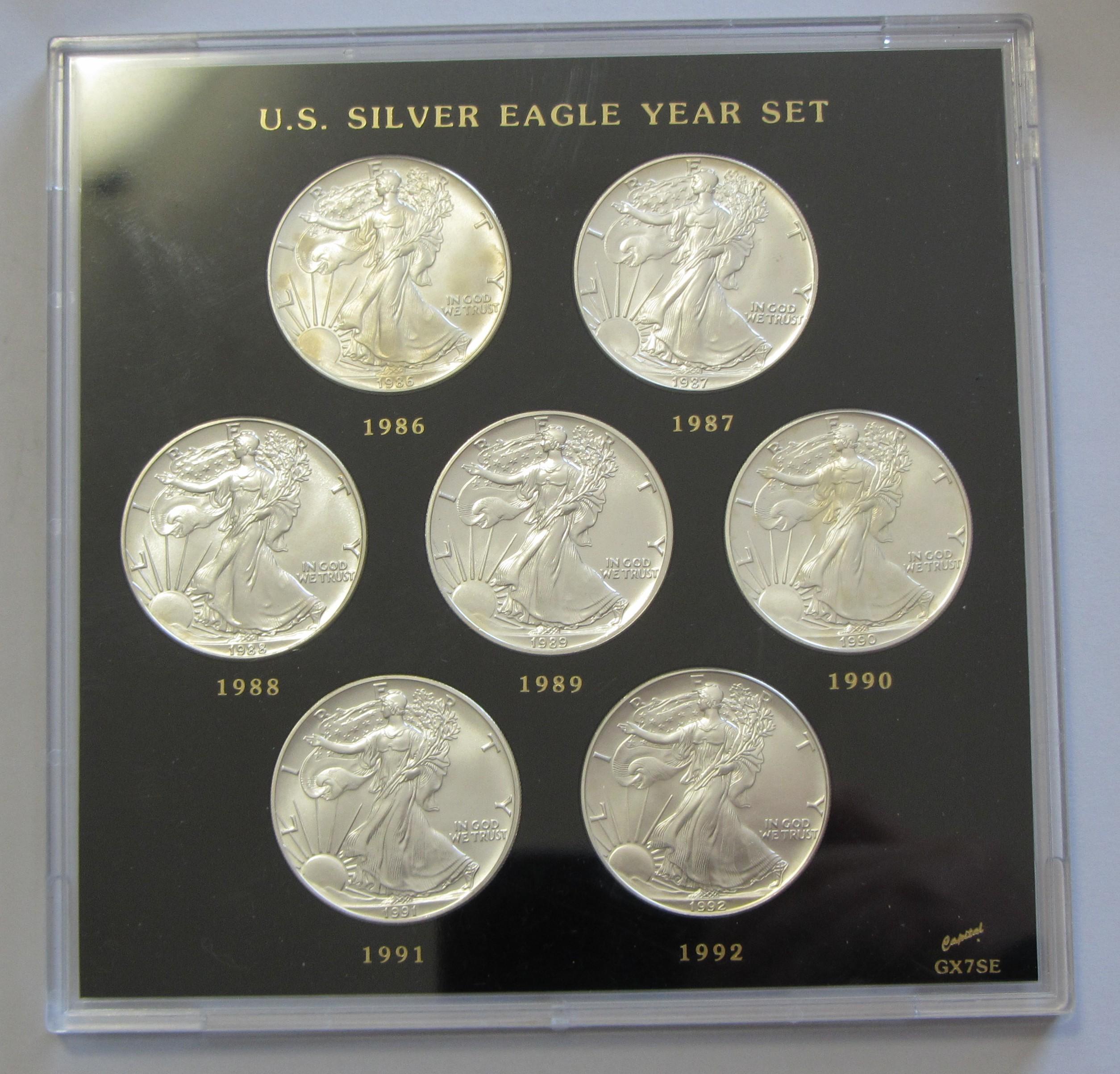 SET OF SILVER AMERICAN EAGLES 1986 TO 1992