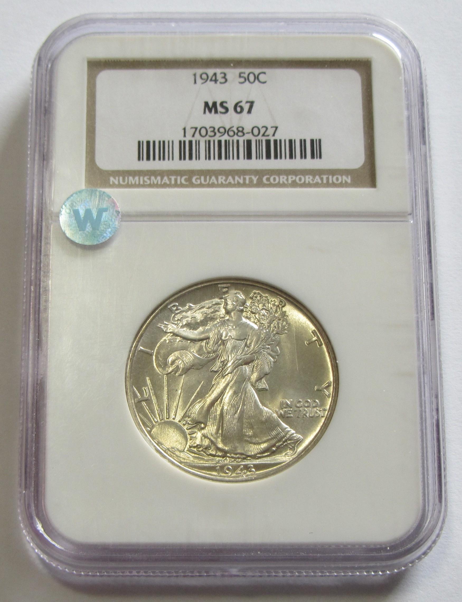 1943 WALKING LIBERTY HALF NGC MS 67 REGISTRY SET ITEM