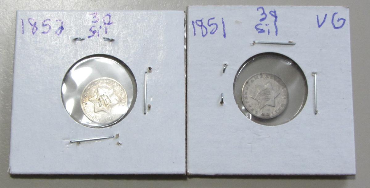 1851 1852 SILVER 3 CENT PIECE LOT