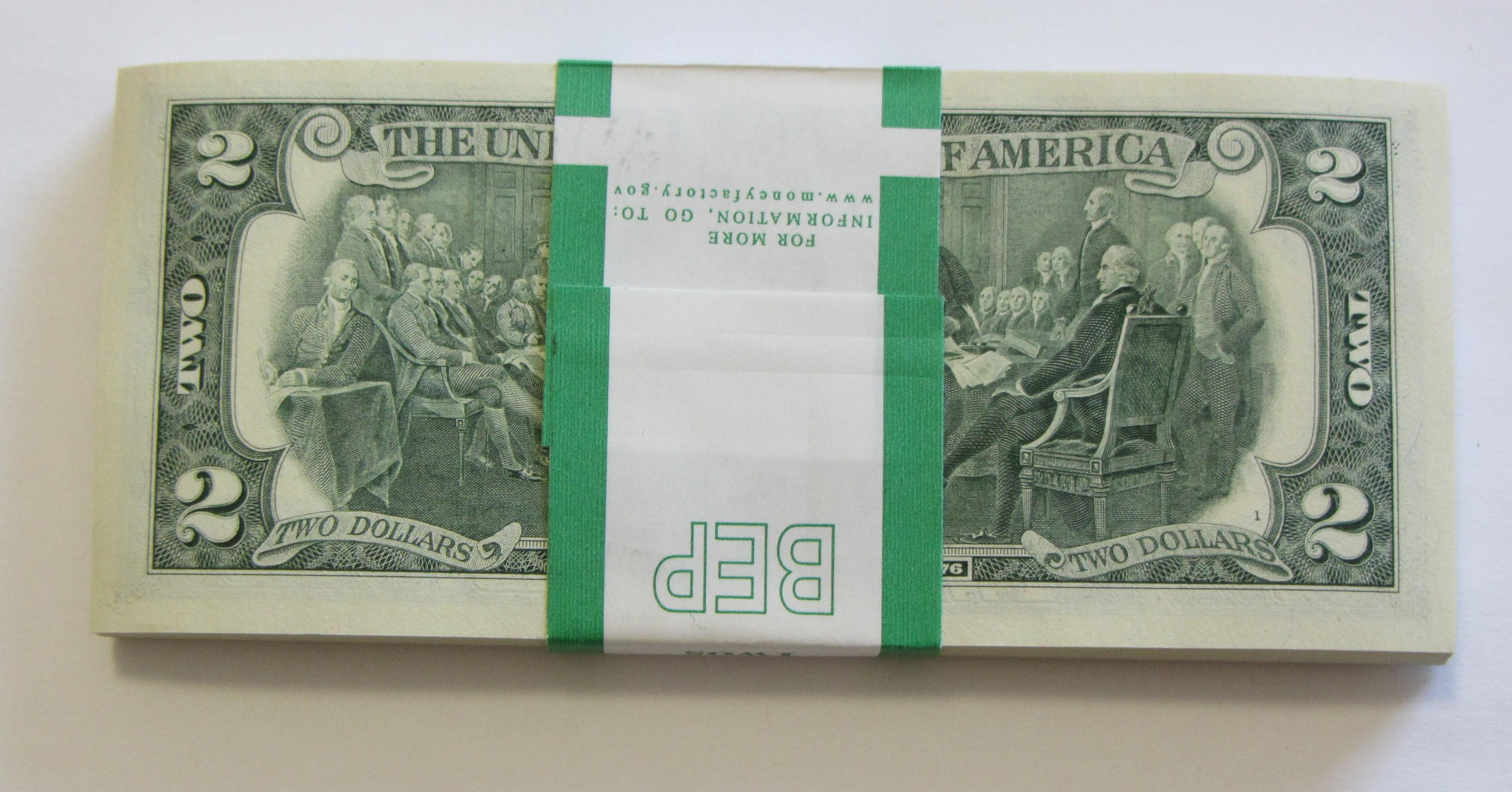 FRESH UNC BEP BANK PACK $2 FEDERAL RESERVE NOTES 100 GEM CONSECUTIVE