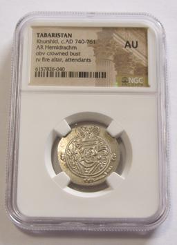 ANCIENT TABARISTAN 740 AD SILVER FIRE ALTER NGC AU