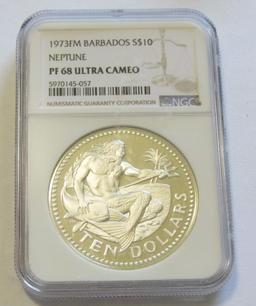 1973FM BARBADOS $10 SILVER NGC 68