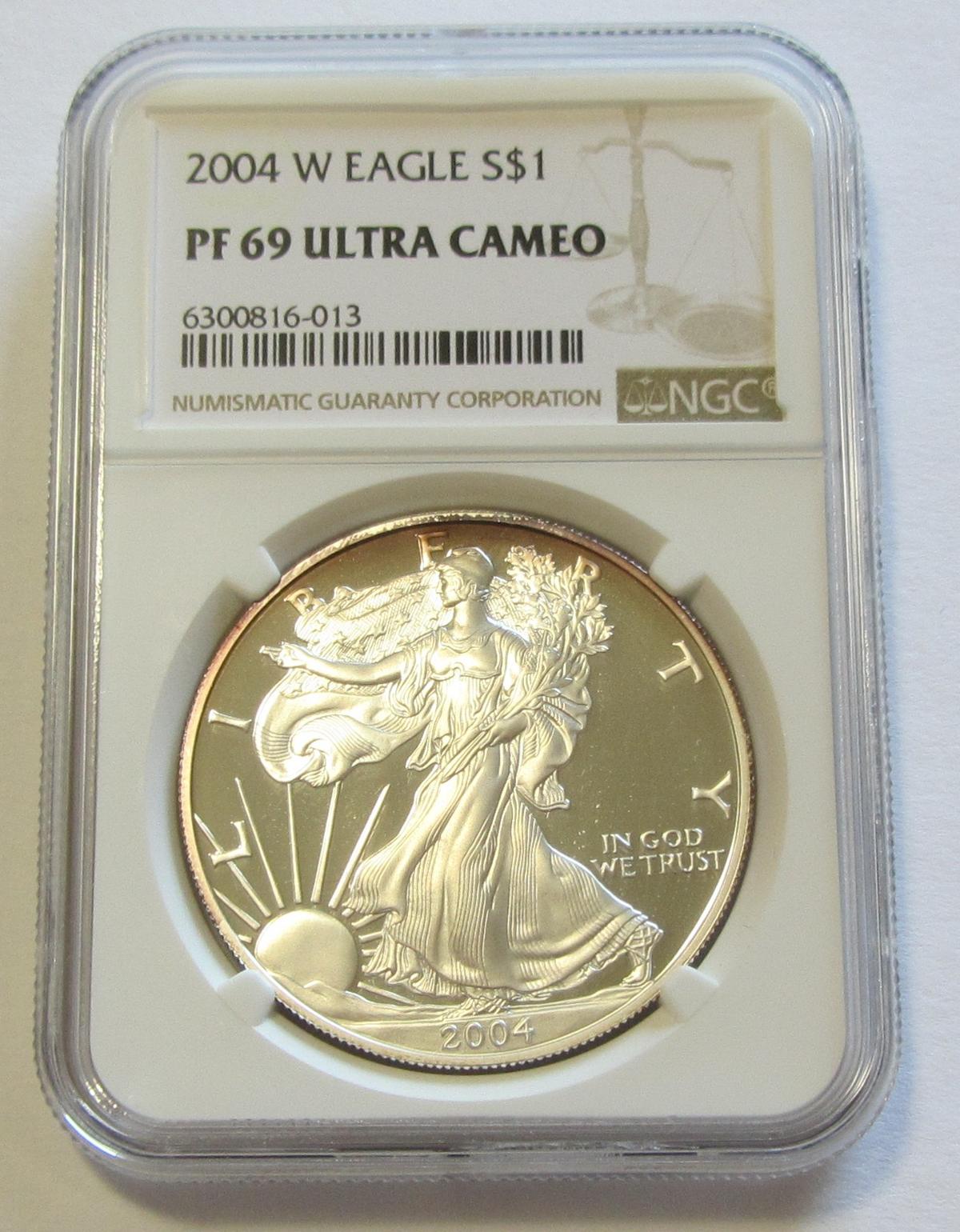 $1 2004-W SILVER PROOF EAGLE NGC 69