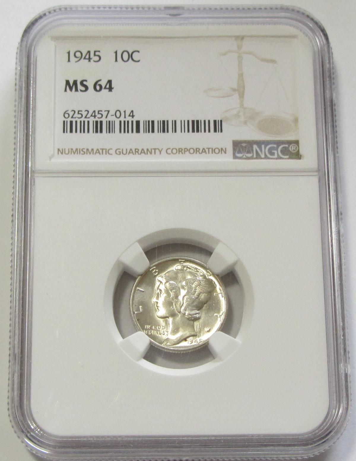 1945 MERCURY DIME NGC MS 64