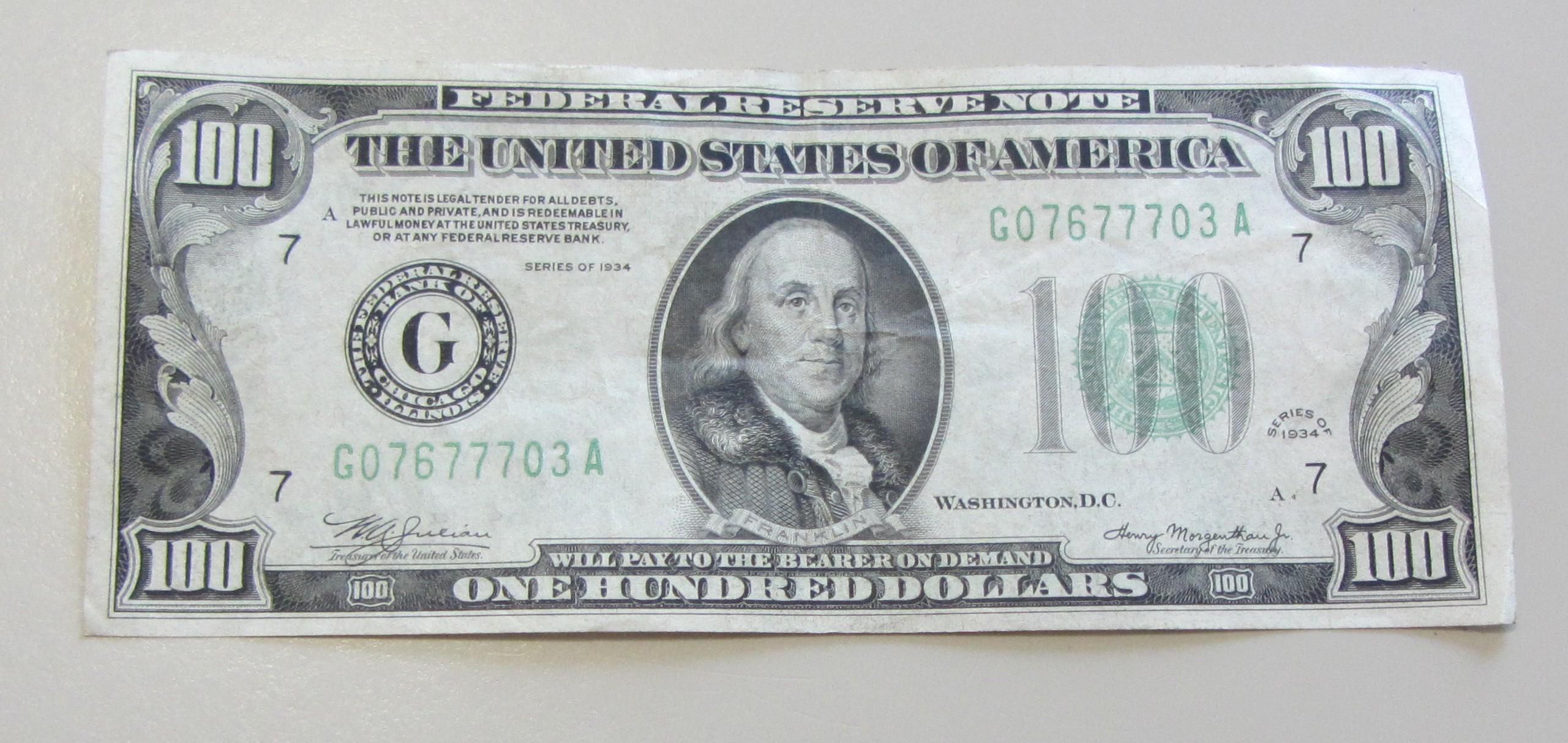 $100 FEDERAL RESERVE NOTE 1934 7703